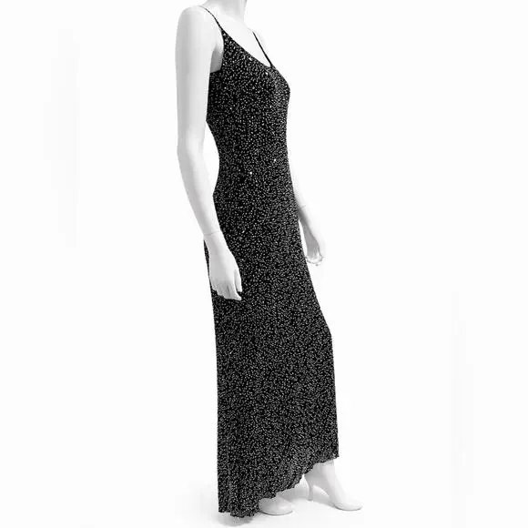 ✨Vintage Papell Boutique Silk Black Beaded Formal Maxi Dress Spaghetti Strap - Picture 4 of 7